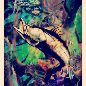 Pode incluir: Um fundo abstrato colorido com uma grande ilustração detalhada de um peixe saltando para fora da água. O peixe é marrom e dourado com uma faixa branca ao longo do seu lado. O fundo é uma mistura de verde, azul e laranja.