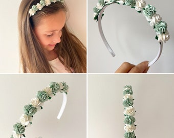 Sage green headband, flower girl headband, flower girl aliceband, headband for flower girl, sage green and ivory headband, headband