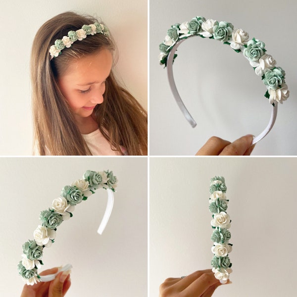 Sage green headband, flower girl headband, flower girl aliceband, headband for flower girl, sage green and ivory headband, headband