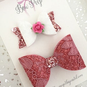 Valentine’s Day hair bows, dusty pink hair bows, glitter bows, bows for girls, dusty pink, white velvet bow, bows in the UK, hair clips