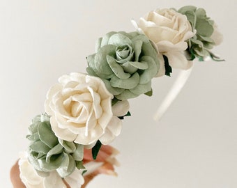 Sage green headband, sage green flower headband, sage green Alice band, flower girl headband, flower headband, ivory headband
