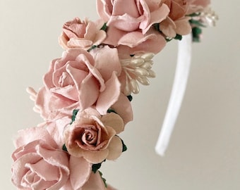 Dusty pink headband, flower headband, flower girl headband, bridesmaid headband, boho flower crown, pink flower headband, headband