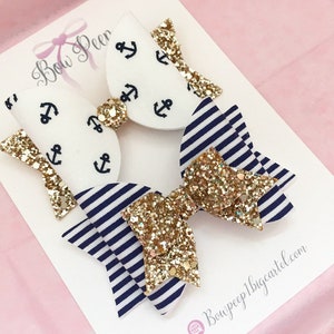 Set of bows, nautical theme, gift set, bows for girls, bows on elastic, hair clips, gift for girl, hair bows, bows, stripe bow, anchor bow,