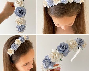 Blue headband, ivory satin headband, flower girl headband, flower girl crown, girls headband, flower headband, blue flower headband