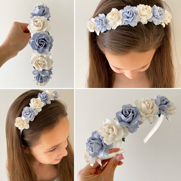 Blue headband, ivory satin headband, flower girl headband, flower girl crown, girls headband, flower headband, blue flower headband