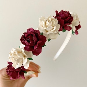 Burgundy flower headband, flower girl headband, flower headband, bridesmaid headband, satin headband, headband