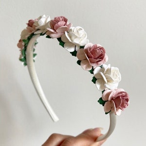 Dusty pink headband, ivory satin headband, flower girl headband, flower headband, girls headband, girls aliceband, pink headband image 3