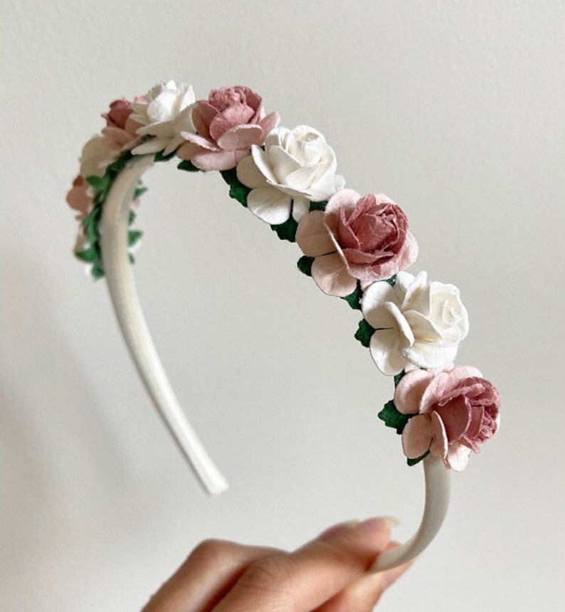 Dusty pink headband, ivory satin headband, flower girl headband, flower headband, girls headband, girls aliceband, pink headband image 3