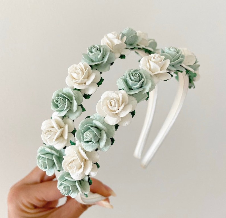 Sage green headband, flower girl headband, ivory headband, girls sage green headband, flower girl, satin headband, small flower headband image 1