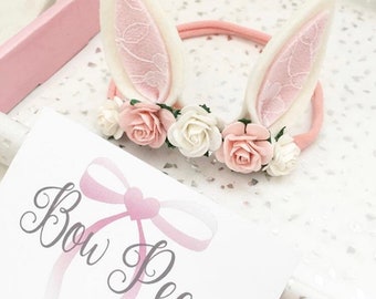 Orejas de conejo de primavera, orejas de conejo con elástico, orejas de conejo, lazo de conejo, orejas de conejo de encaje rosa, diadema de flores, lazos para bebés, primavera