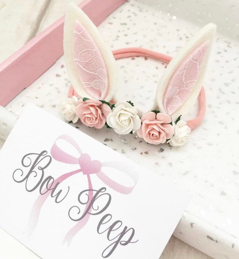 Spring bunny ears, bunny ears on elastic, Bunny ears, bunny bow, pink lace bunny ears, flower headband, bows for babies, spring image 1