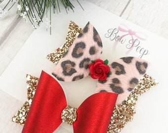 Christmas hair bow, bows for Christmas, red hair bow, leopard print hair bow, stocking fillers in the uk, set of hair bows, girls hair bows,