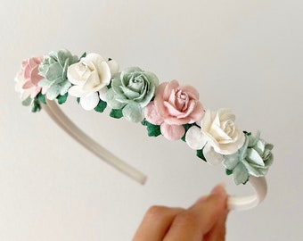 Flower girl headband, sage green flower headband, sage green headband, blush pink headband, flower girl, ivory headband, flower headband