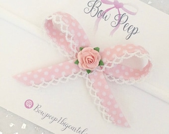 Spotty bow, polka dot bow, dotty bow, pink bow, hand tied bow, ribbon bow, frill bow, baby bow