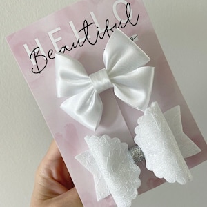 White satin hair bow, white lace hair bow, white hair bow, christening hair bow, satin hair bows, girls white hair bow, lace hair bow