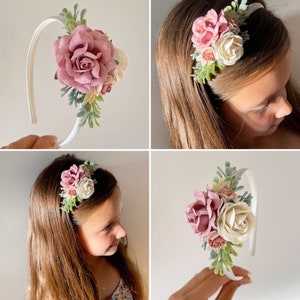 Flower girl headband, satin headband, flower headband, flowergirl, blush pink headband, ivory satin headband, flower girl accessory, boho