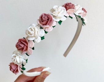 Stoffige roze hoofdband, ivoorkleurige satijnen hoofdband, hoofdband bloemenmeisje, bloemenhoofdband, hoofdband meisjes, meisjes Aliceband, roze hoofdband
