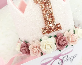 Birthday crown, dusty pink and rose crown birthday crown, any age available, party crown, party hat, 1st birthday crown, rose gold crown