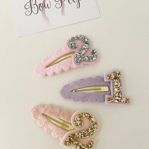 May include: Three glitter hair clips with numbers 1 and 2. The clips are pink, purple, and light pink with gold and silver glitter.