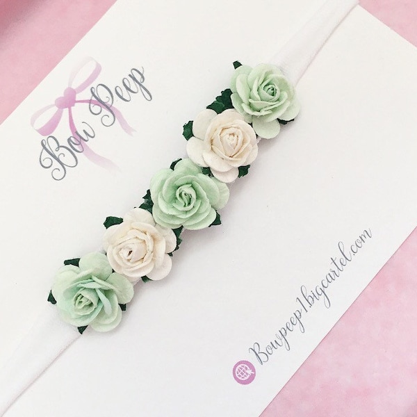 Mint green and white flower headband, flower band, elastic headband, bows, headband, hair bows