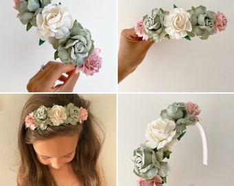 Flower girl headband, sage green headband, flower headband, flower girl headpiece, girls headband, flower headband, flower girl