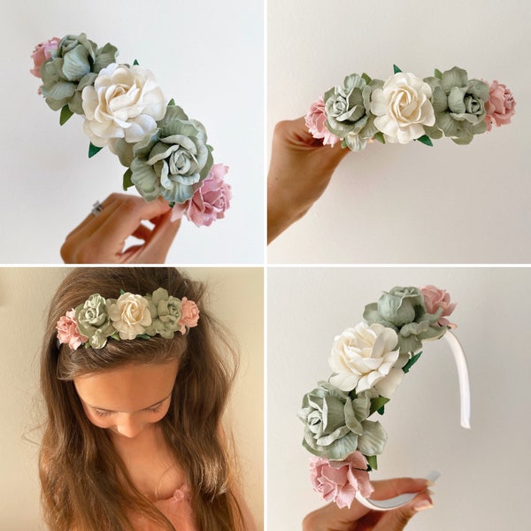 Flower girl headband, sage green headband, flower headband, flower girl headpiece, girls headband, flower headband, flower girl