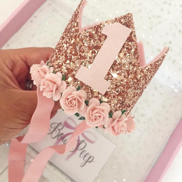 Couronne d’anniversaire en or rose, couronne de 1er anniversaire (tout âge disponible) couronne d’anniversaire, chapeau de fête, couronne d’anniversaire scintillante, couronne pour filles, couronne