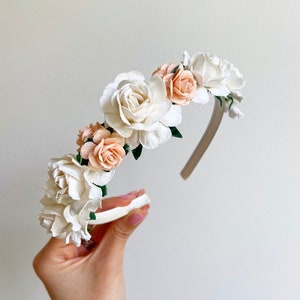 Flower girl headband, bridesmaid headband, satin headband, peach flower headband, ivory flower headband, flower girl aliceband, flowerband