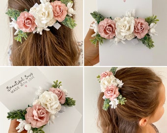 Haarclip met bloemen, oudroze haarclip, haarclip met bloemen, haarclip met ivoorkleurige bloemen, haarclip met bloemenmeisje