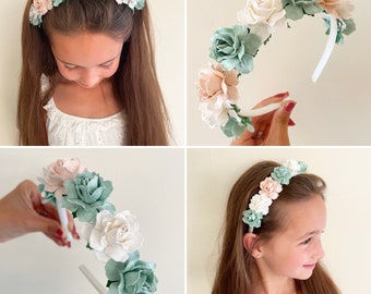 Sage green flower headband, ivory flower headband, flowergirl headband, flower girl, bridesmaid headband, satin headband, floral headband