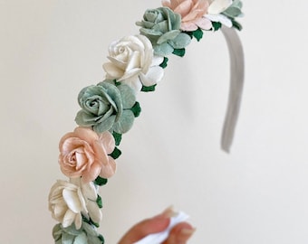 Sage green headband, flower girl headband, flower headband, pink headband, ivory satin headband, flower girl, bridesmaid headband, headband