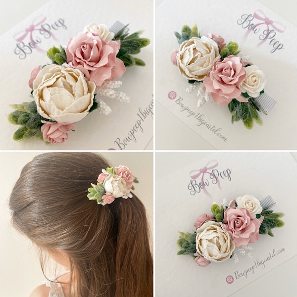 Girls flower hair clip, flower hair clip, blush pink hair clip, ivory flower hair clip, flower girl hair piece, bridesmaid hair piece, clips