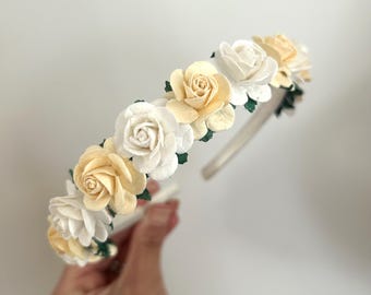 Ivory headband, satin headband, lemon headband, yellow flower headband, flower headband, flower girl headband, flower girl