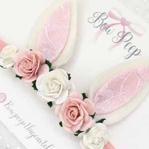 Spring bunny ears, bunny ears on elastic, Bunny ears, bunny bow, pink lace bunny ears, flower headband, bows for babies, spring image 4