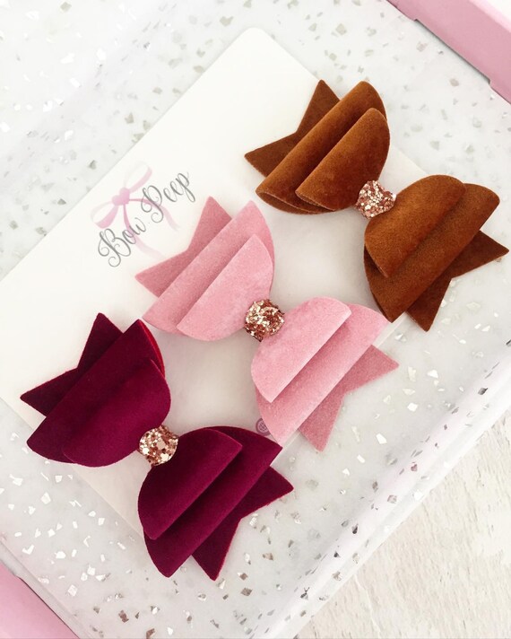 Haarschleifen Aus Samt – Weinrot & Beige/Rosa, Große Krokodilklemmen, 2 Stück