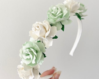 Pale green flower headband, flower headband, flower girl headband, green headband, flower girl, ivory headband