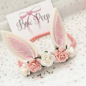 Spring bunny ears, bunny ears on elastic, Bunny ears, bunny bow, pink lace bunny ears, flower headband, bows for babies, spring image 2