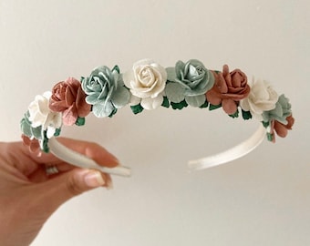 Sage green flower headband, dusty pink flower headband, ivory flower headband, satin headband, flower girl headband, bridesmaid headband