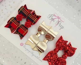 Christmas bows, pigtail bows, piggy bows, tartan hair bow, red hair bow, bows for bunches, festive set of bows, gift for girls, mini bows