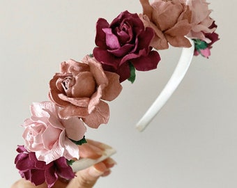 Bloemenhoofdband voor meisjes, bloemenmeisjeshoofdband, bruidsmeisjeshoofdband, stoffige roze hoofdband, bloemenhoofdband, ivoorkleurige hoofdband