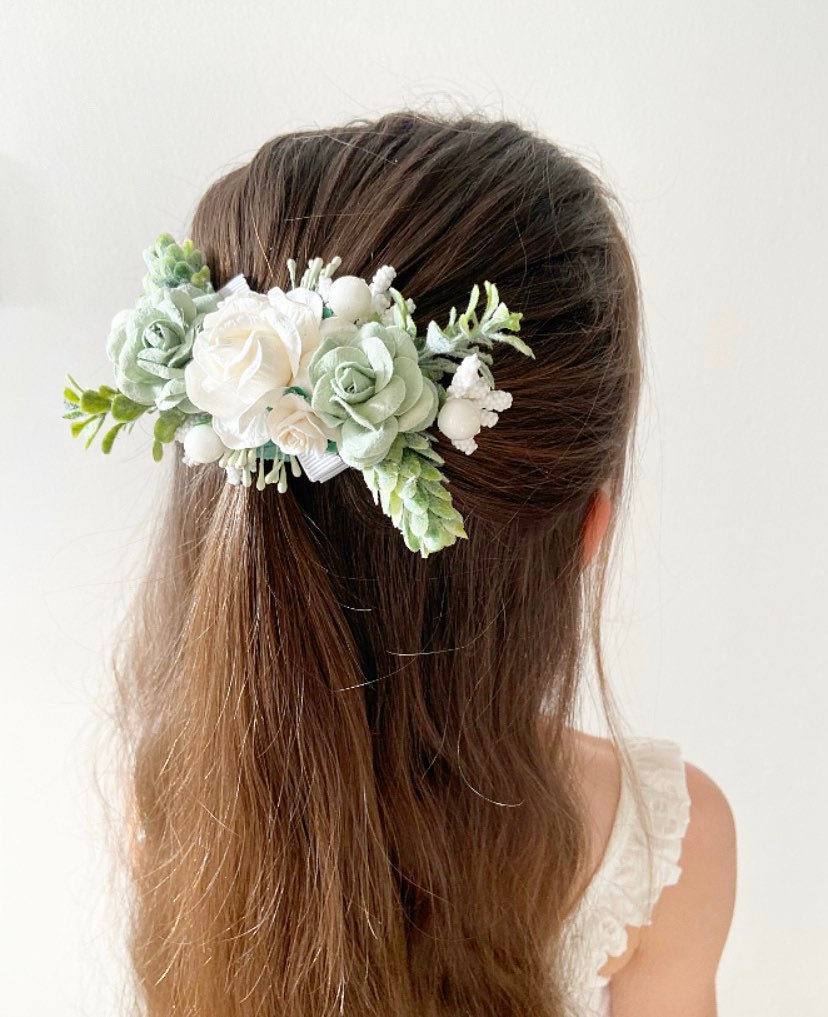 Flower Girl Hair Piece, Sage Green Hair Clip, Ivory Flower  display picture 2