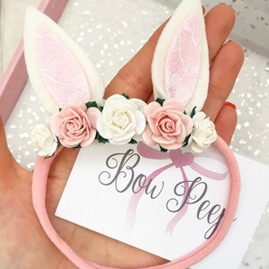 Spring bunny ears, bunny ears on elastic, Bunny ears, bunny bow, pink lace bunny ears, flower headband, bows for babies, spring image 3