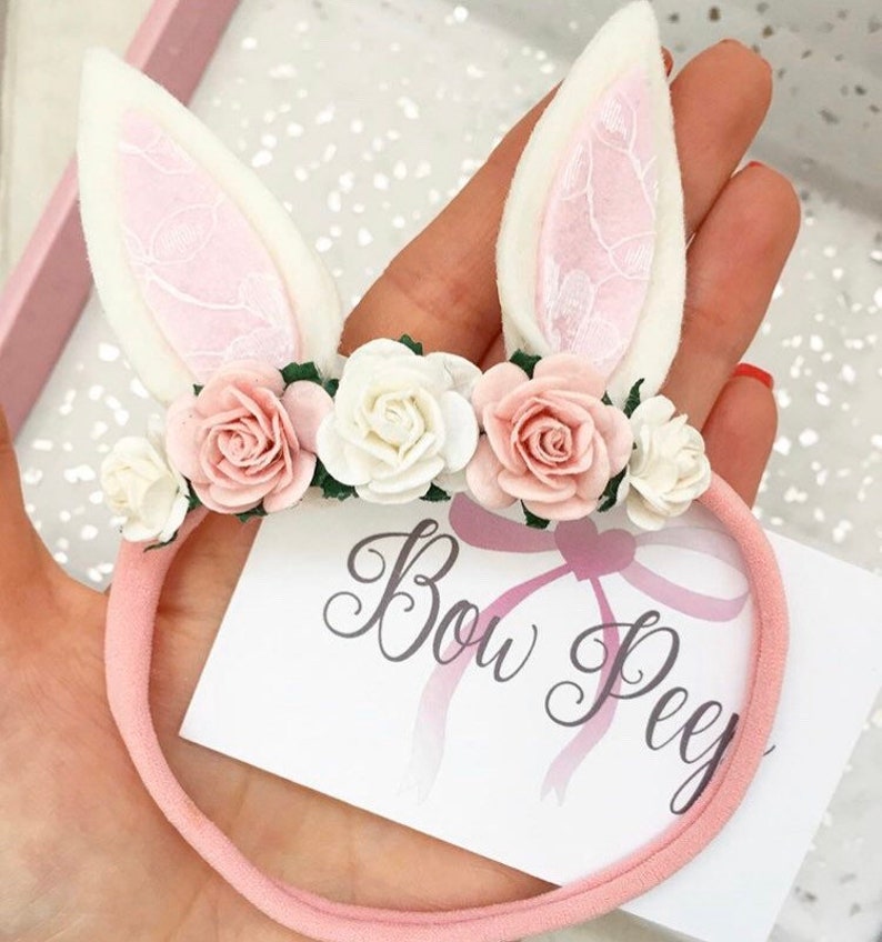 Spring bunny ears, bunny ears on elastic, Bunny ears, bunny bow, pink lace bunny ears, flower headband, bows for babies, spring image 3