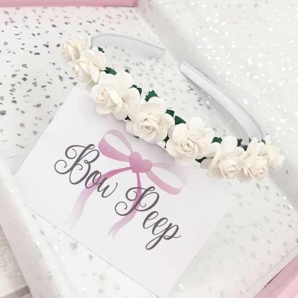 White Alice band, white satin headband, bridesmaid flower piece, flower girl, headband, flower band, boho vibes