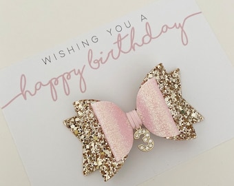 All ages available, birthday hair bow, birthday bows, pink glitter hair bow, pink birthday bow, 1st birthday hair bow, 2nd birthday, bows