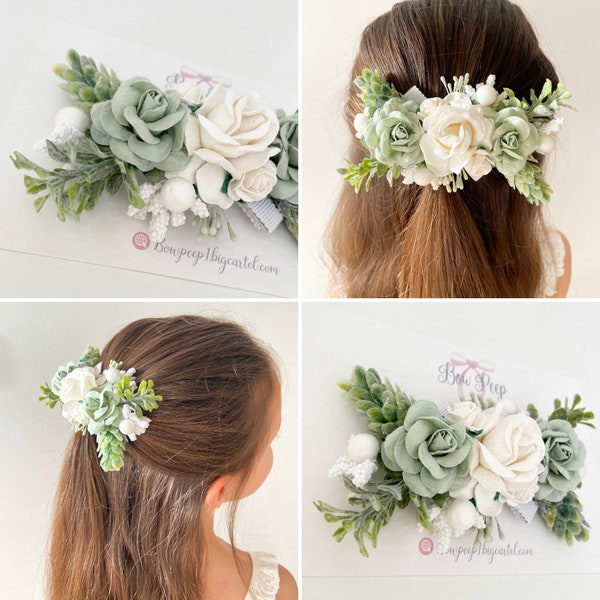 Morceau de cheveux de demoiselle d'honneur, barrette vert sauge, barrette fleur ivoire, barrette fleur blanche, barrette de demoiselle d'honneur, barrette fleur, demoiselle d'honneur