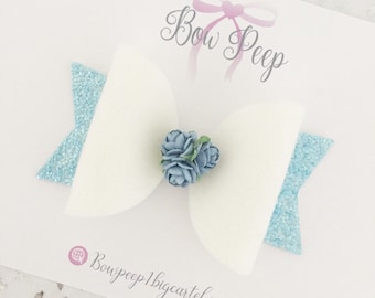 Something blue, flower girl gift, bridesmaid gift, wedding gift, hair bow, white bow, blue bow, floral bow, bow, hair clips, baby bows