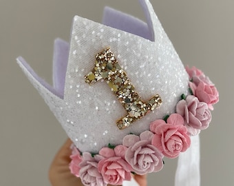 Couronne d'anniversaire, 1er anniversaire, chapeau de fête, couronne blanche, lilas, couronne d'anniversaire, 1er anniversaire, éclat de gâteau, décoration de fête, princesse