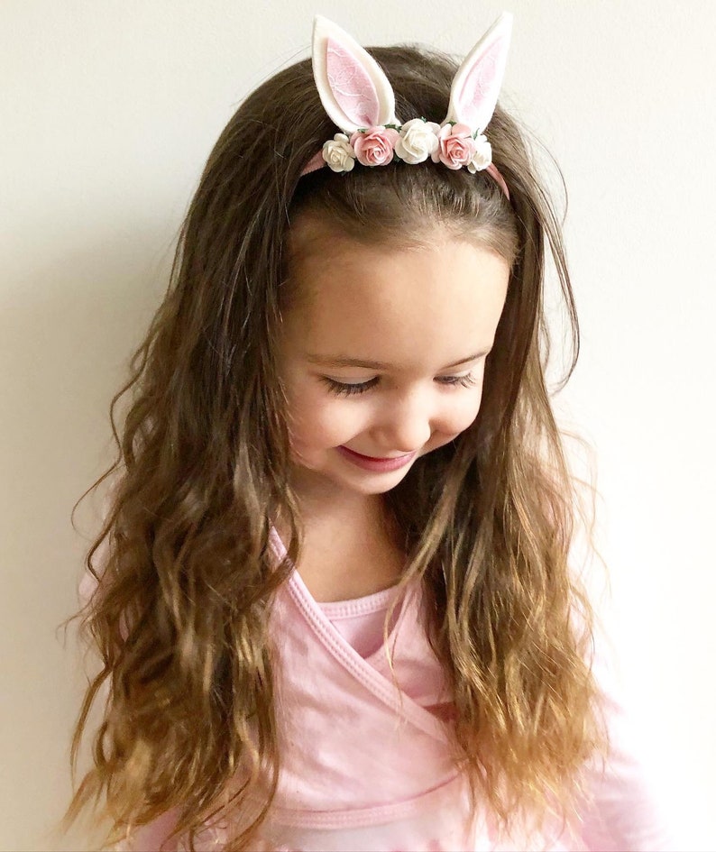 Spring bunny ears, bunny ears on elastic, Bunny ears, bunny bow, pink lace bunny ears, flower headband, bows for babies, spring image 5