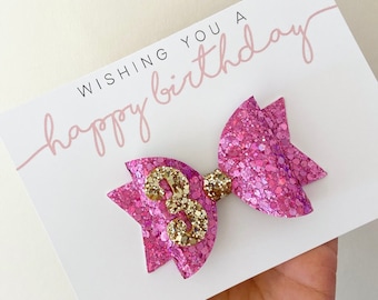 Girls birthday bow, pink birthday hair bow, 3rd birthday bow, 2nd birthday bow, 1st birthday bow, glitter birthday bow, birthday bow